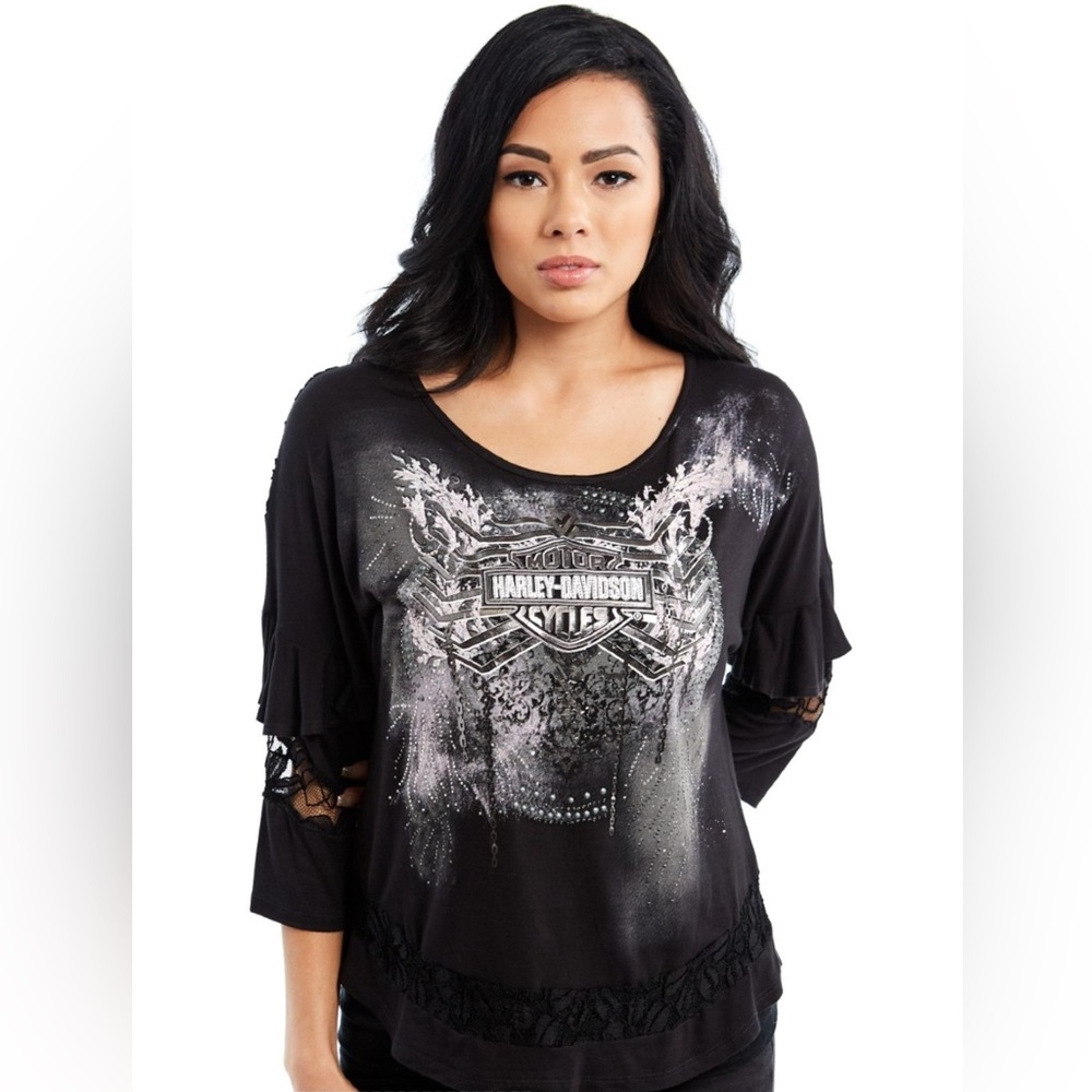 HARLEY DAVIDSON Women’s Black Ironcage 3/4 Sleeve Bar & Shield Top | Size Small